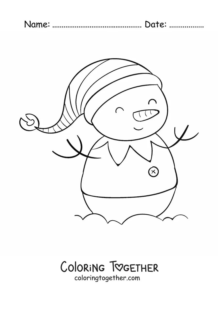 Coloring page of a snowman in an elf costume
