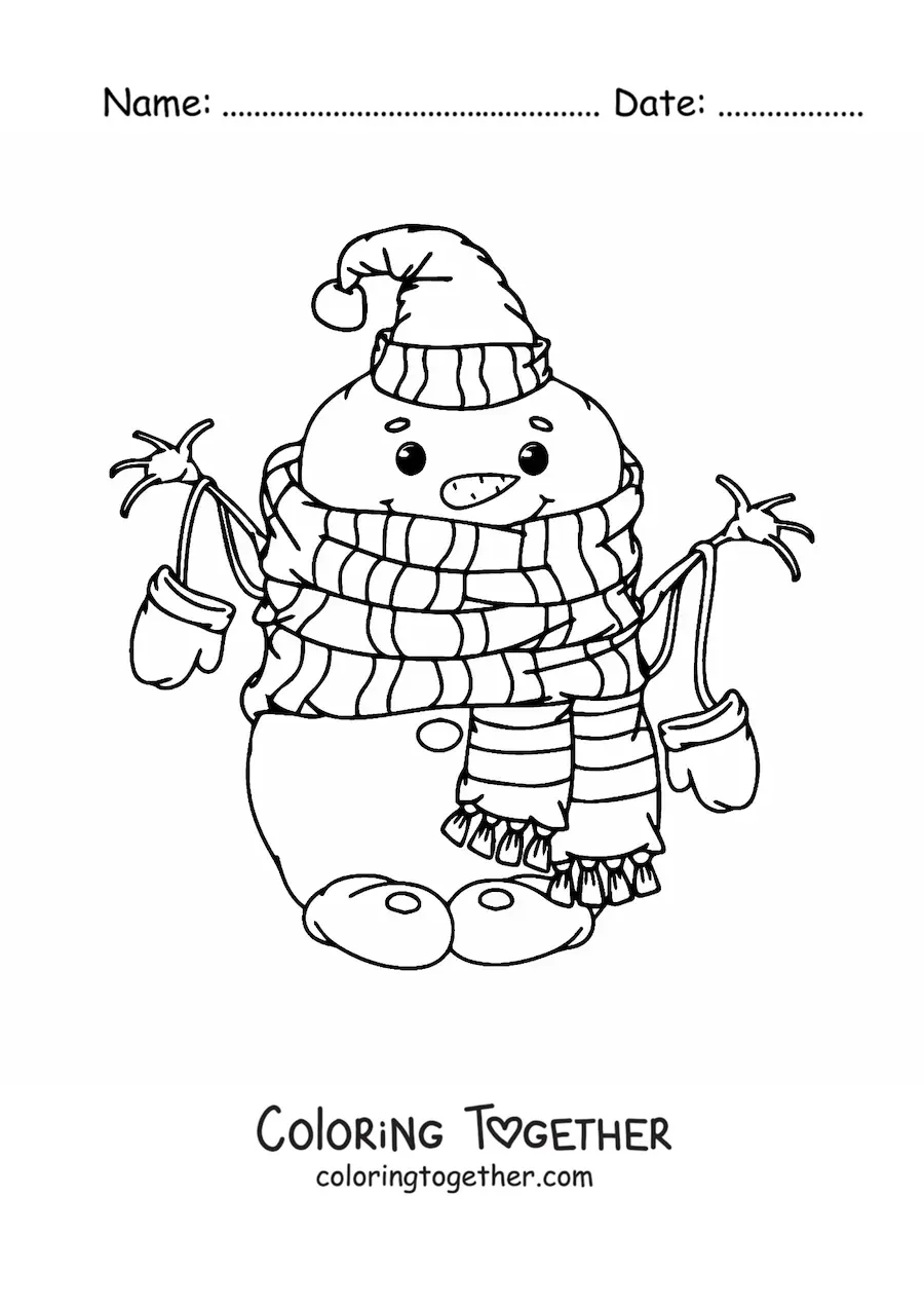 Coloring page of a funny snowman with a scarf