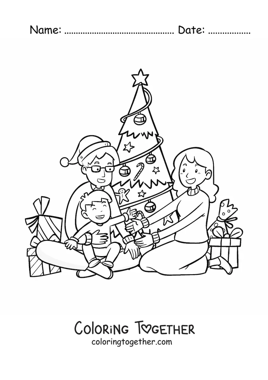Coloring page of a family together at Christmas by the tree