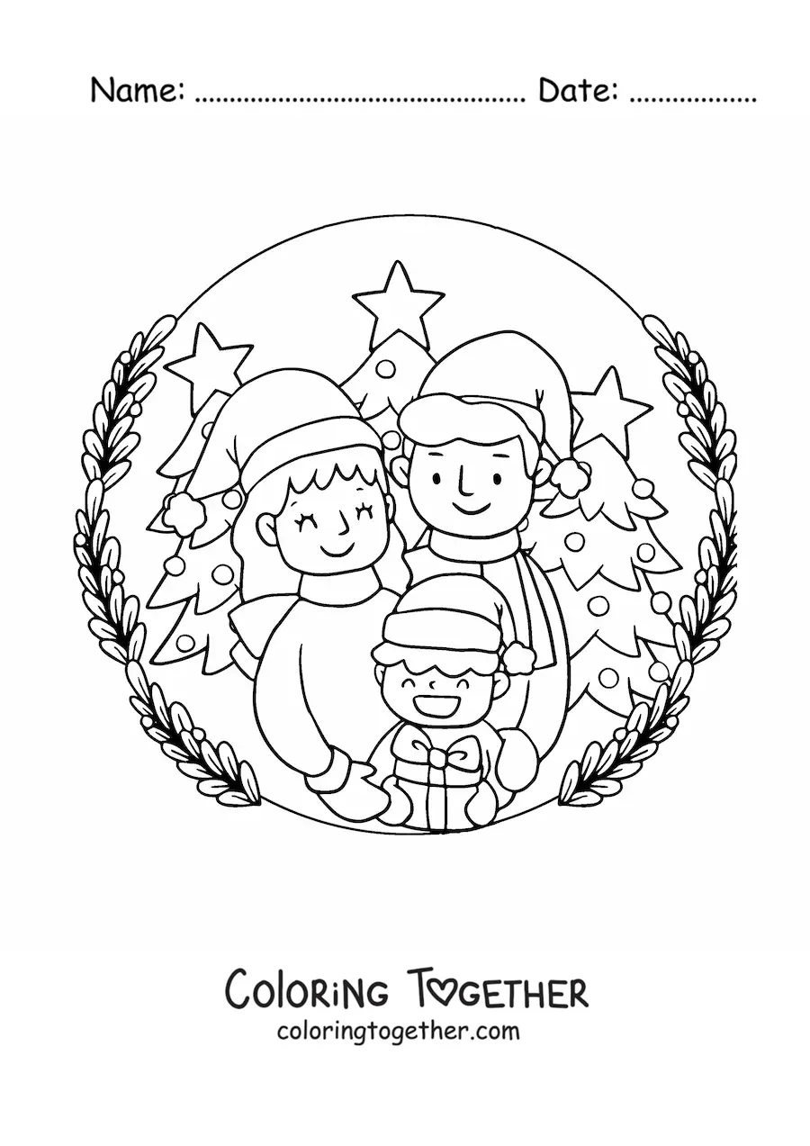 Coloring page of a family of 3 in the snow at Christmas