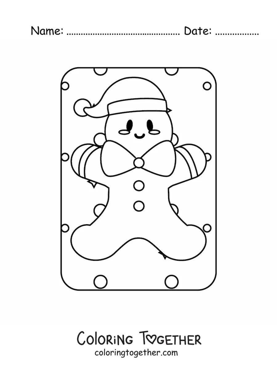 Coloring page of a kawaii gingerbread man with a Christmas hat