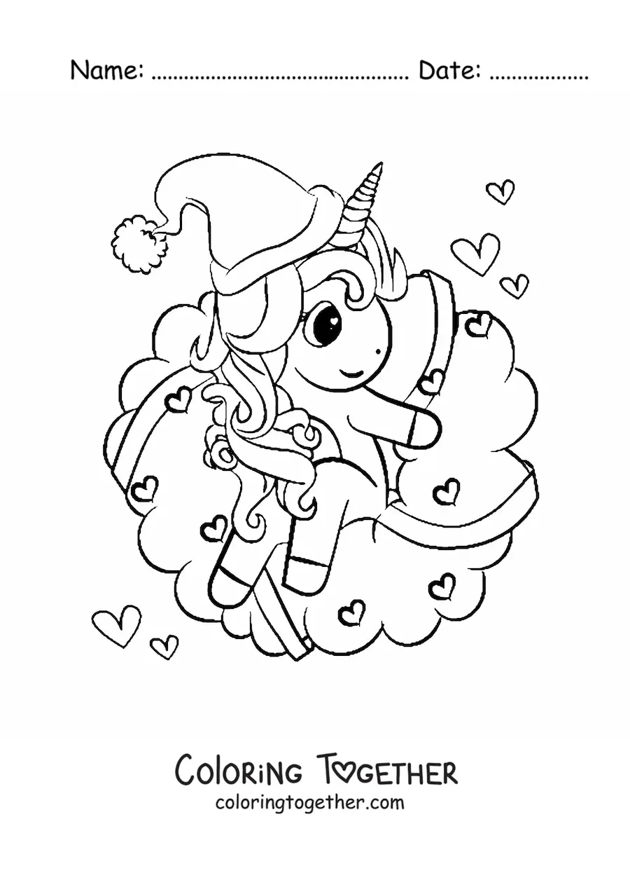 Coloring page of a kawaii Christmas wreath with a unicorn