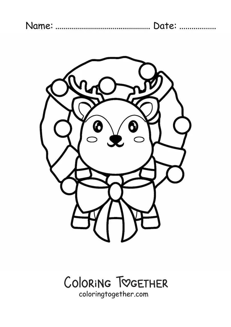 Coloring page of a Christmas wreath with a kawaii reindeer