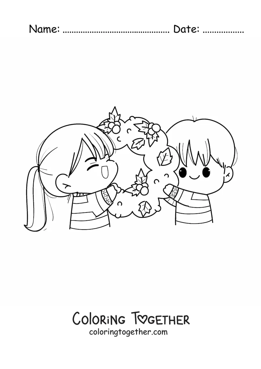 Coloring page of a kawaii couple with a Christmas wreath