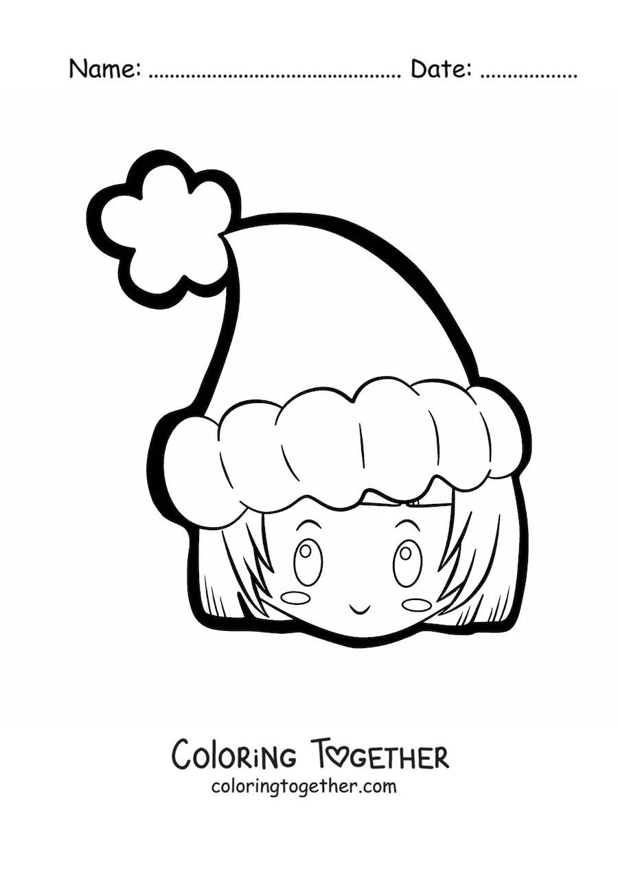 Coloring page of a kawaii girl with a Christmas hat