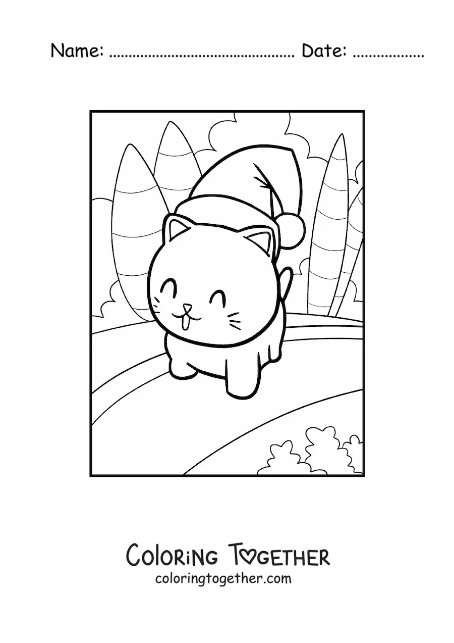 Coloring page of a kawaii cat with a Christmas hat