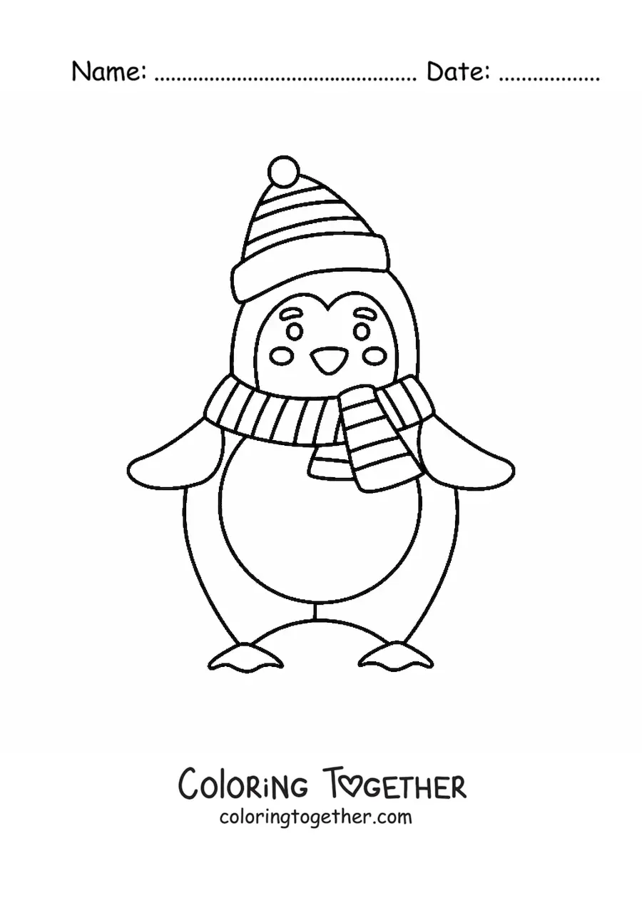Coloring page of a kawaii penguin with a Christmas hat