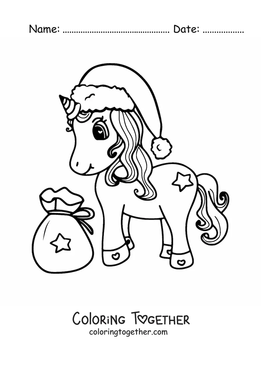Coloring page of a kawaii unicorn with a Christmas hat