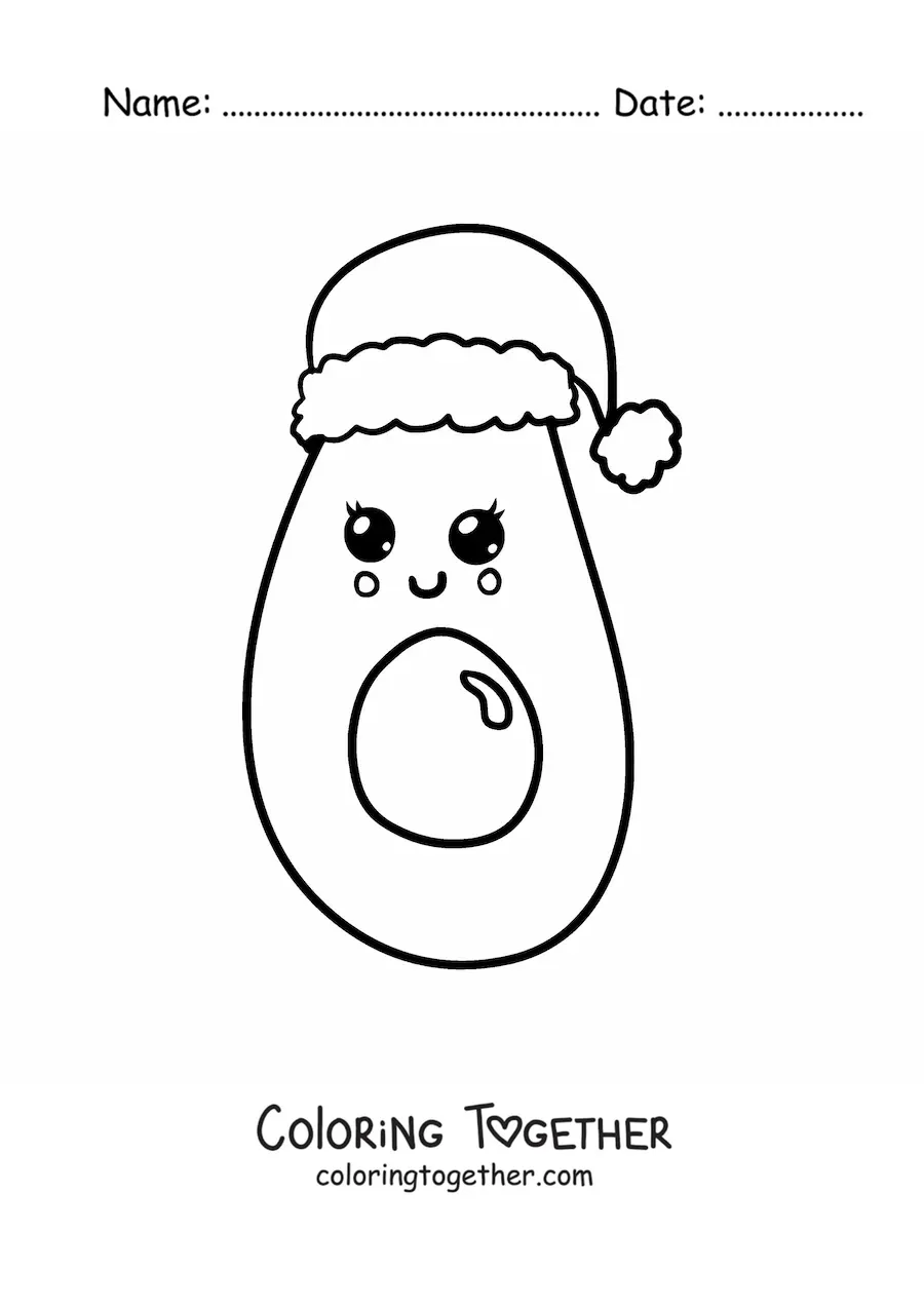 Coloring page of a kawaii avocado with a Christmas hat