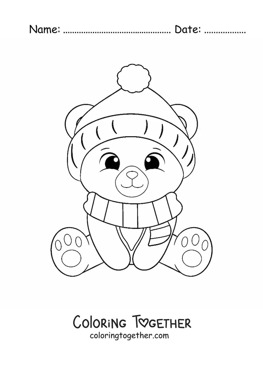 Coloring page of a kawaii Christmas bear