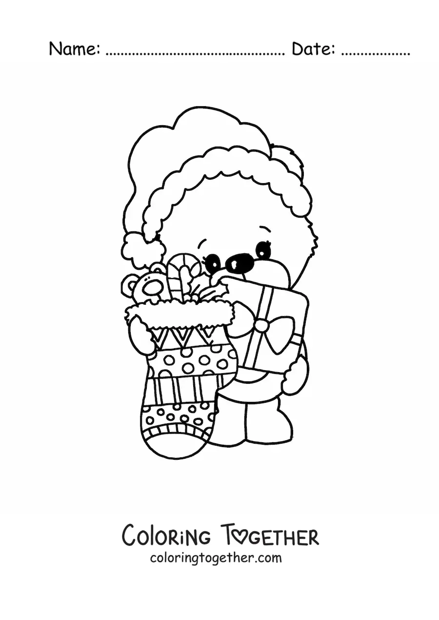 Coloring page of a kawaii bear with gifts and a Christmas stocking
