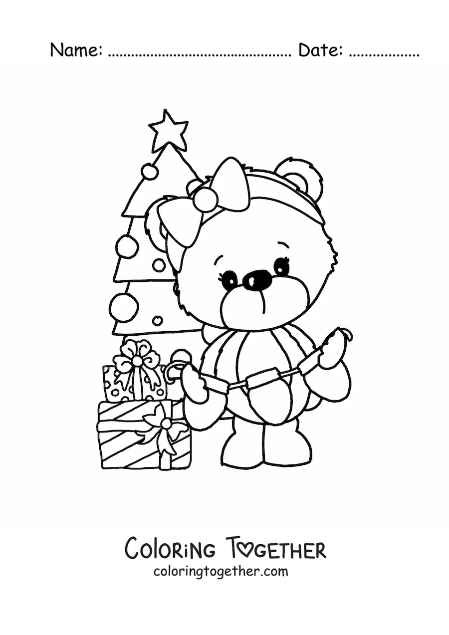 Coloring page of a Christmas bear with a Christmas tree and gifts