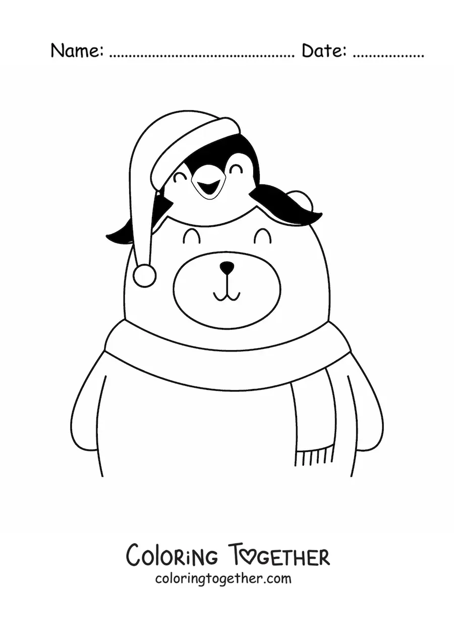 Coloring page of a bear with a penguin and a Christmas hat