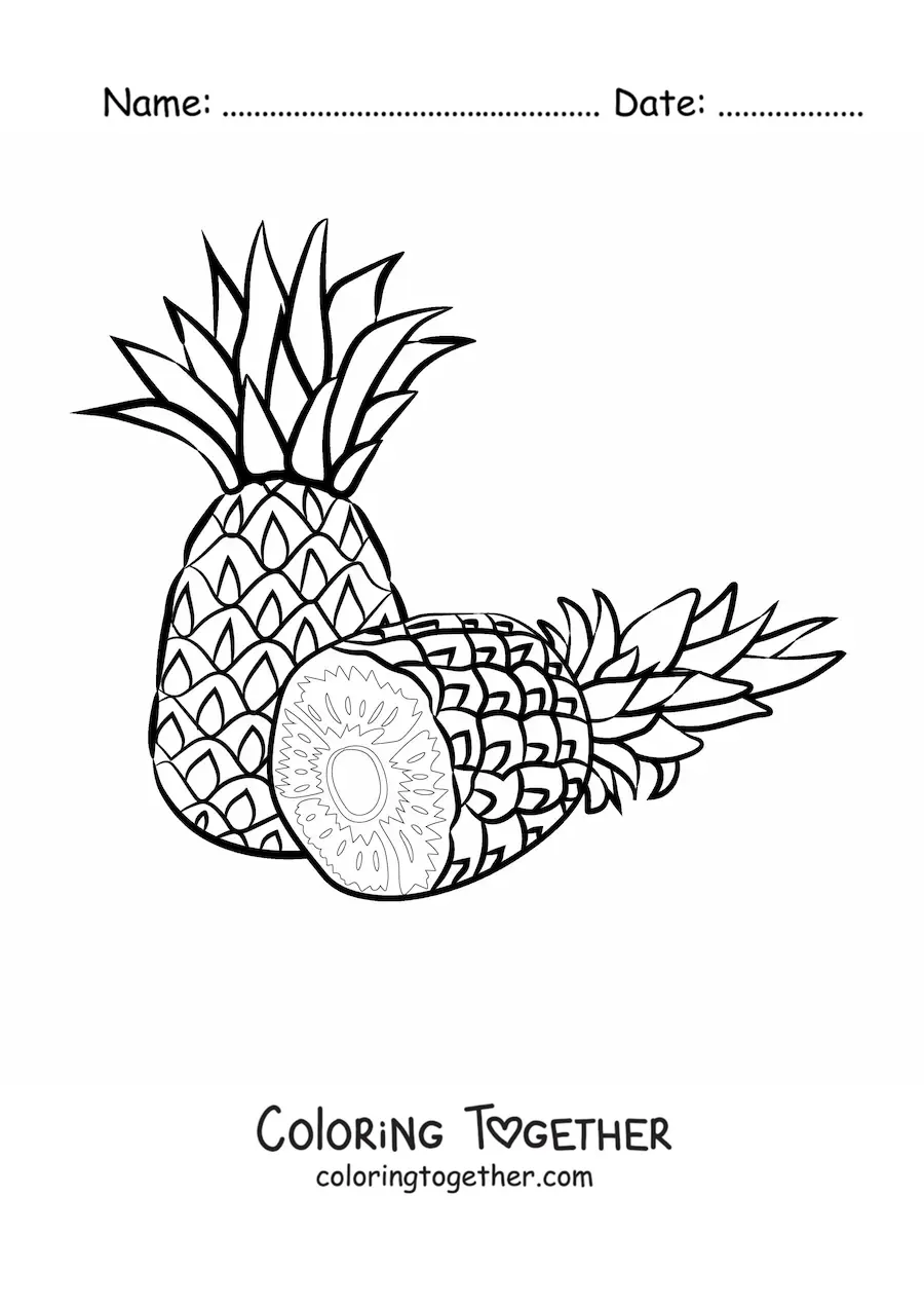 Coloring page of a pineapple and another pineapple cut in half
