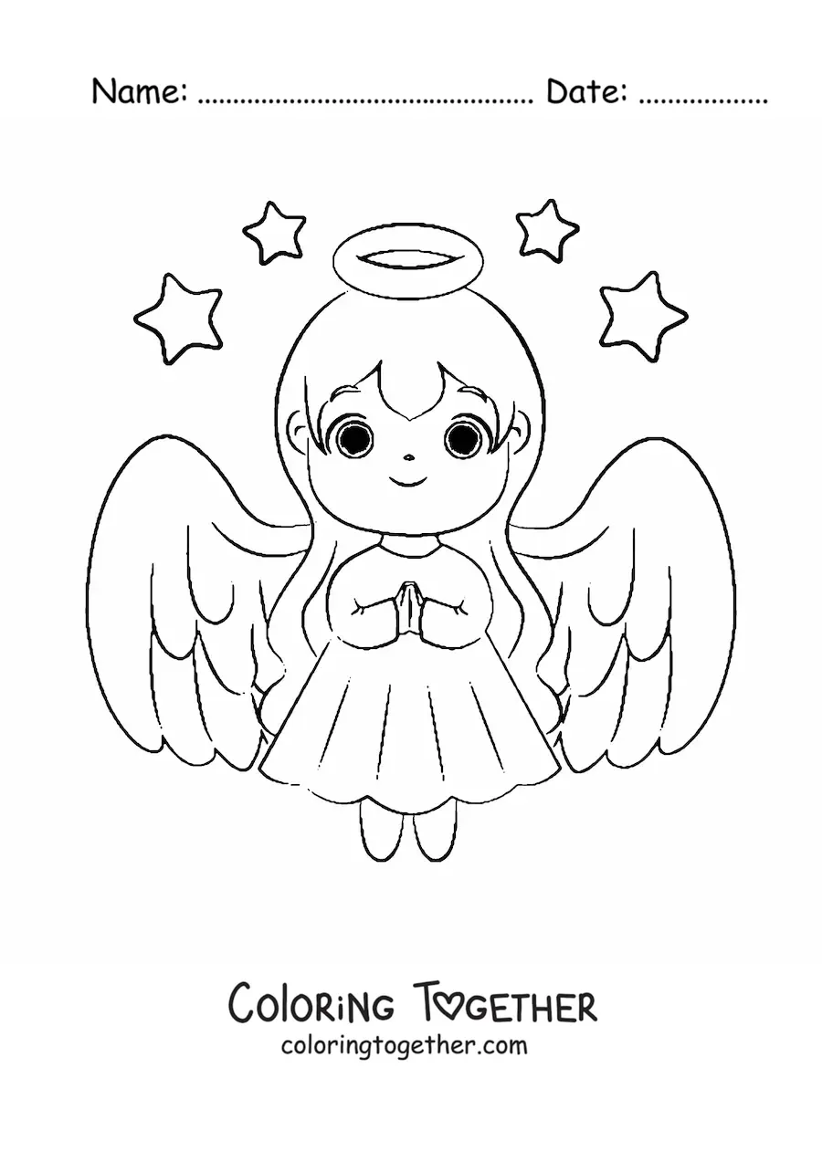 Coloring page of a Christmas angel with stars