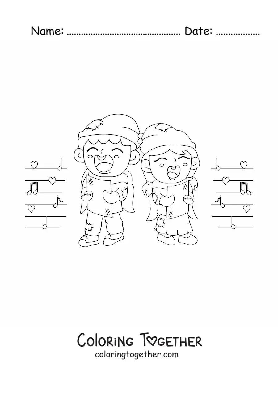 Coloring page of poor children singing Christmas carols