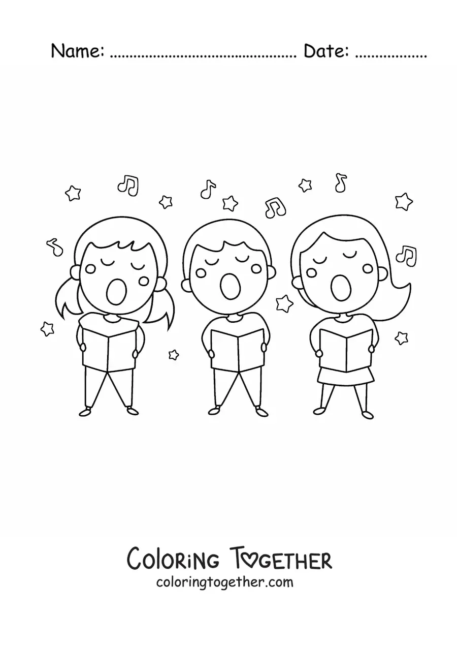 Coloring page of children singing Christmas carols