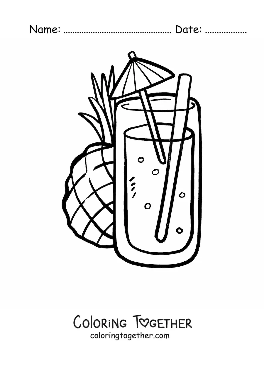 Coloring page of a pineapple juice with an umbrella and a pineapple in the background
