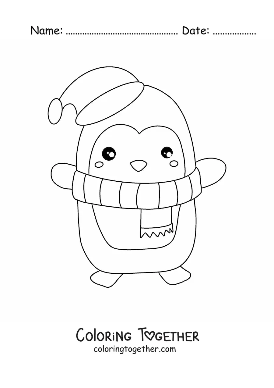 Coloring page of an animated Christmas penguin