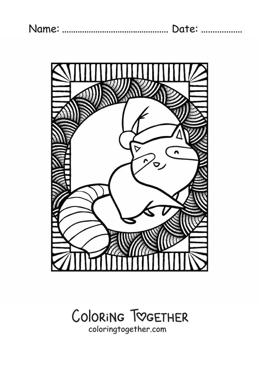 Coloring page of a kawaii Christmas raccoon