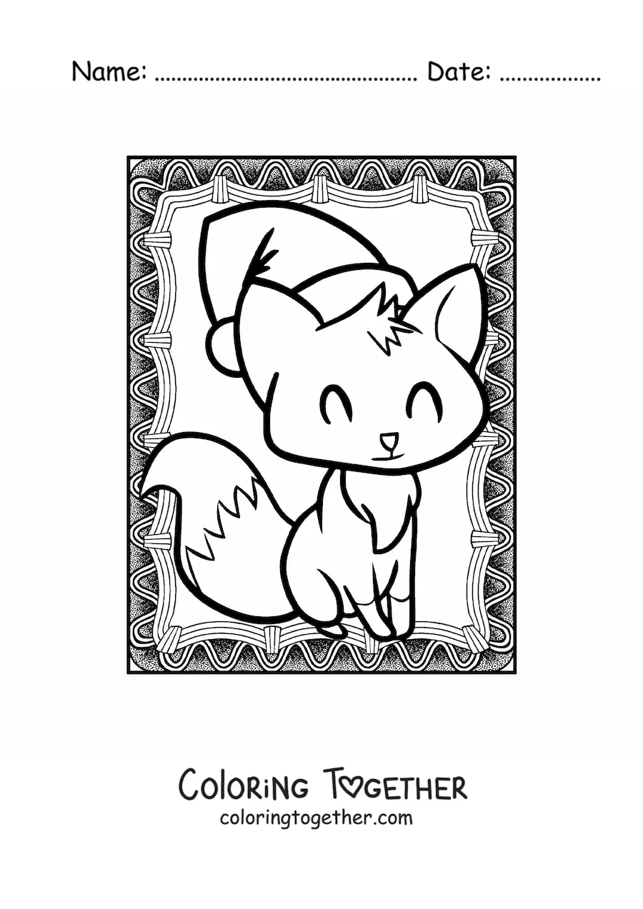 Coloring page of a kawaii Christmas fox