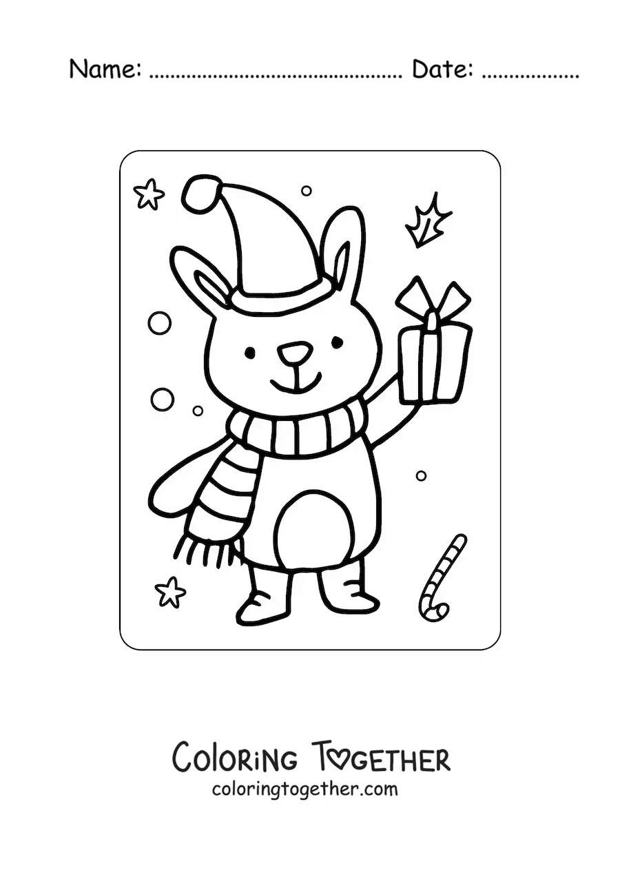 Coloring page of a Christmas rabbit with a scarf