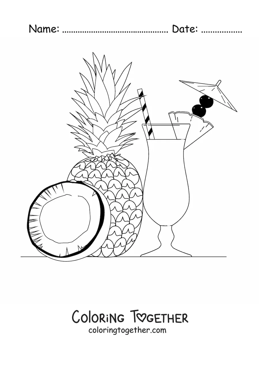 Coloring page of a pina colada with a pineapple beside it and a piece of coconut