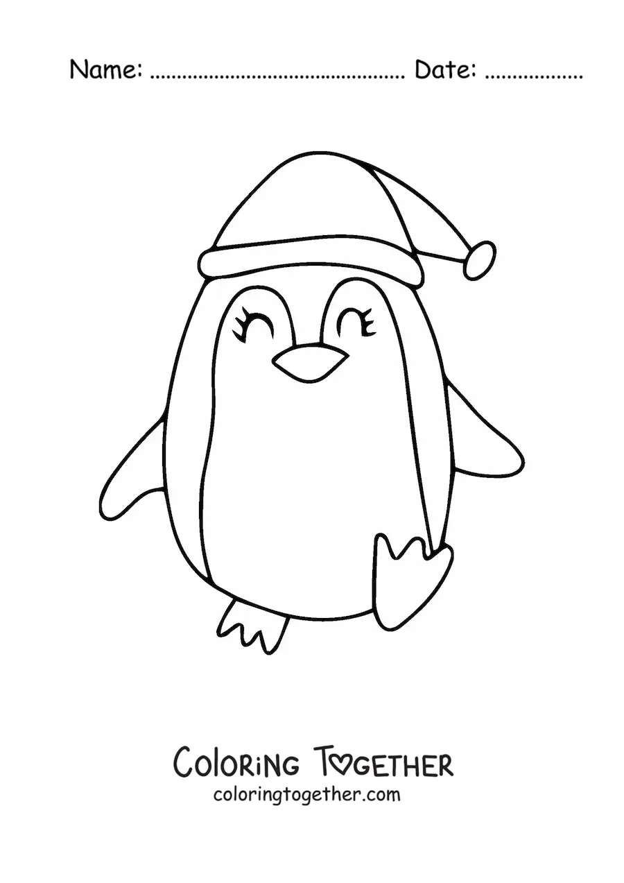 Coloring page of a Christmas penguin walking