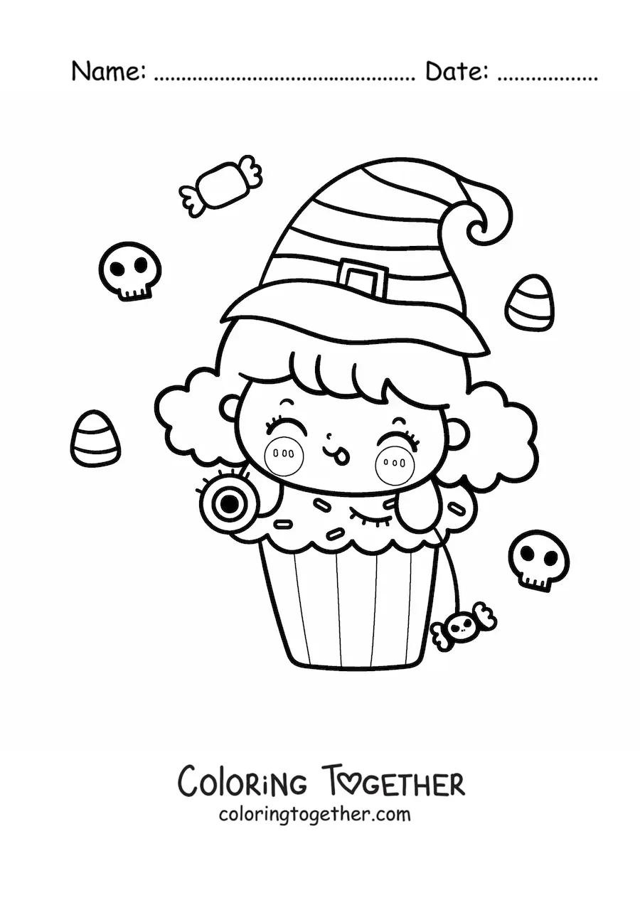 Coloring page of a kawaii little witch on a cupcake