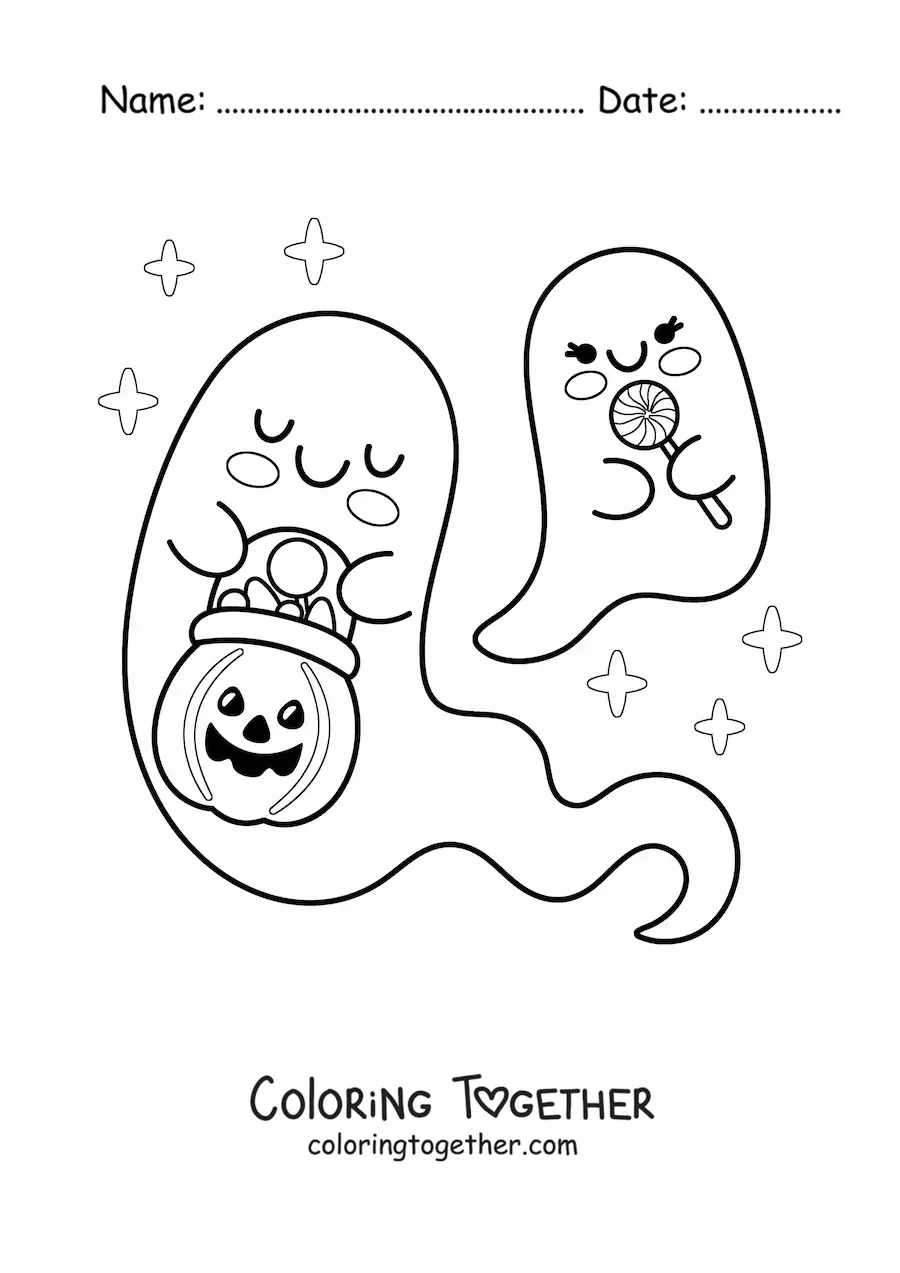 Coloring page of kawaii ghosts with Halloween candy