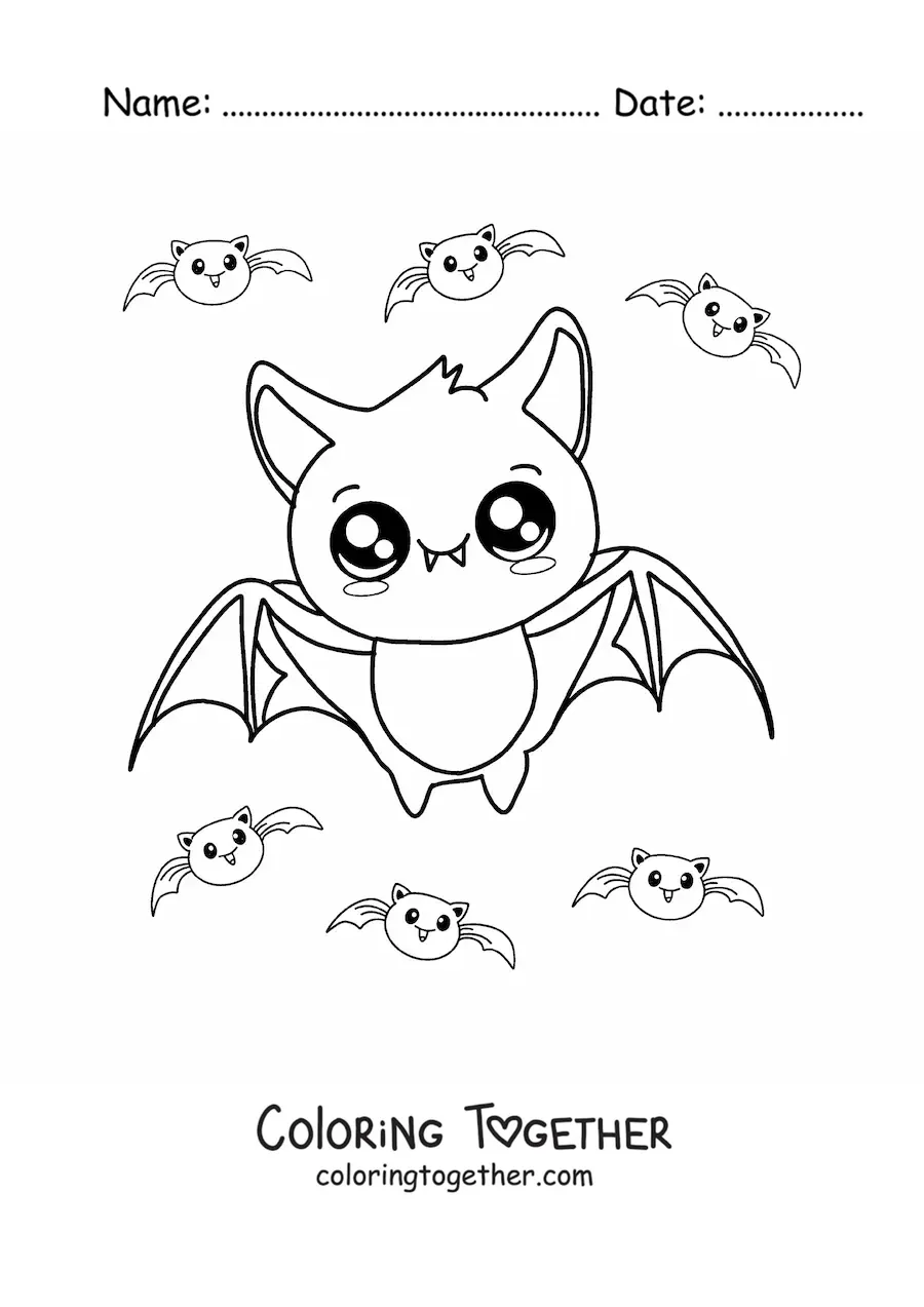 Coloring page of an animated kawaii bat flying