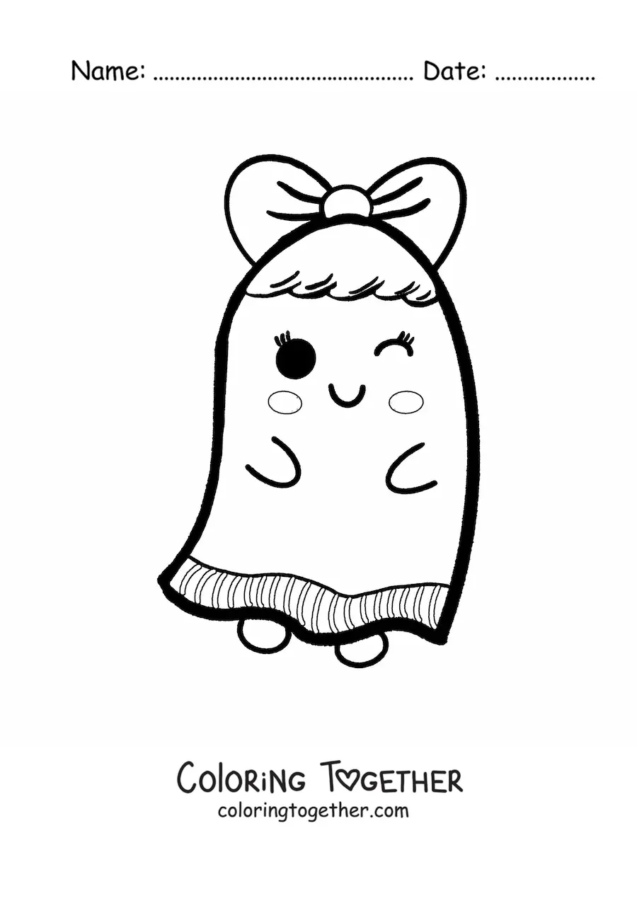 Coloring page of a kawaii ghost with a bow