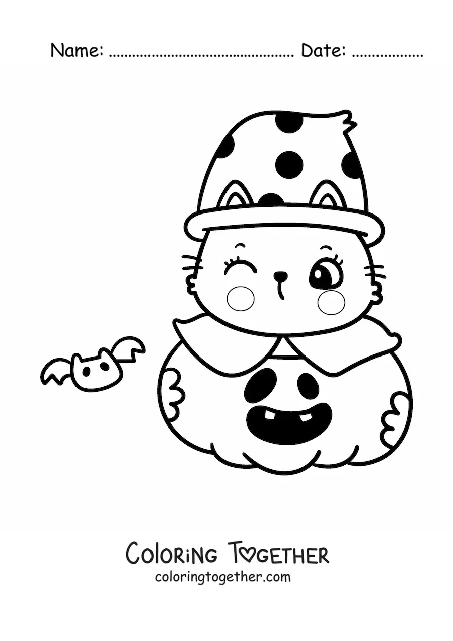 Coloring page of a kawaii kitten with a bat in a Halloween pumpkin