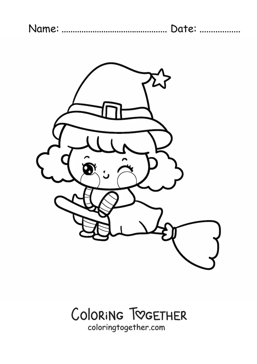 Coloring page of a kawaii little witch flying