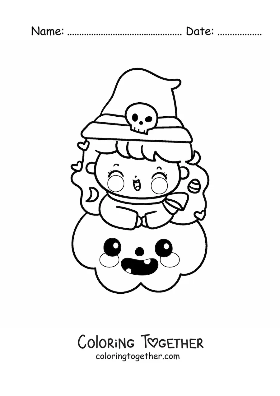 Coloring page of a kawaii little witch on a Halloween pumpkin