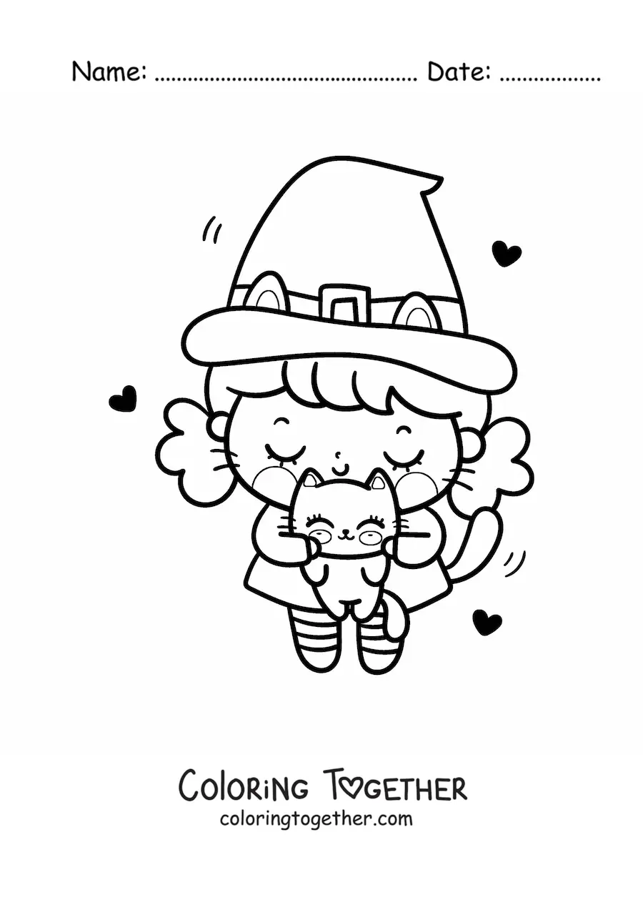 Coloring page of a kawaii little witch with a cute kitten