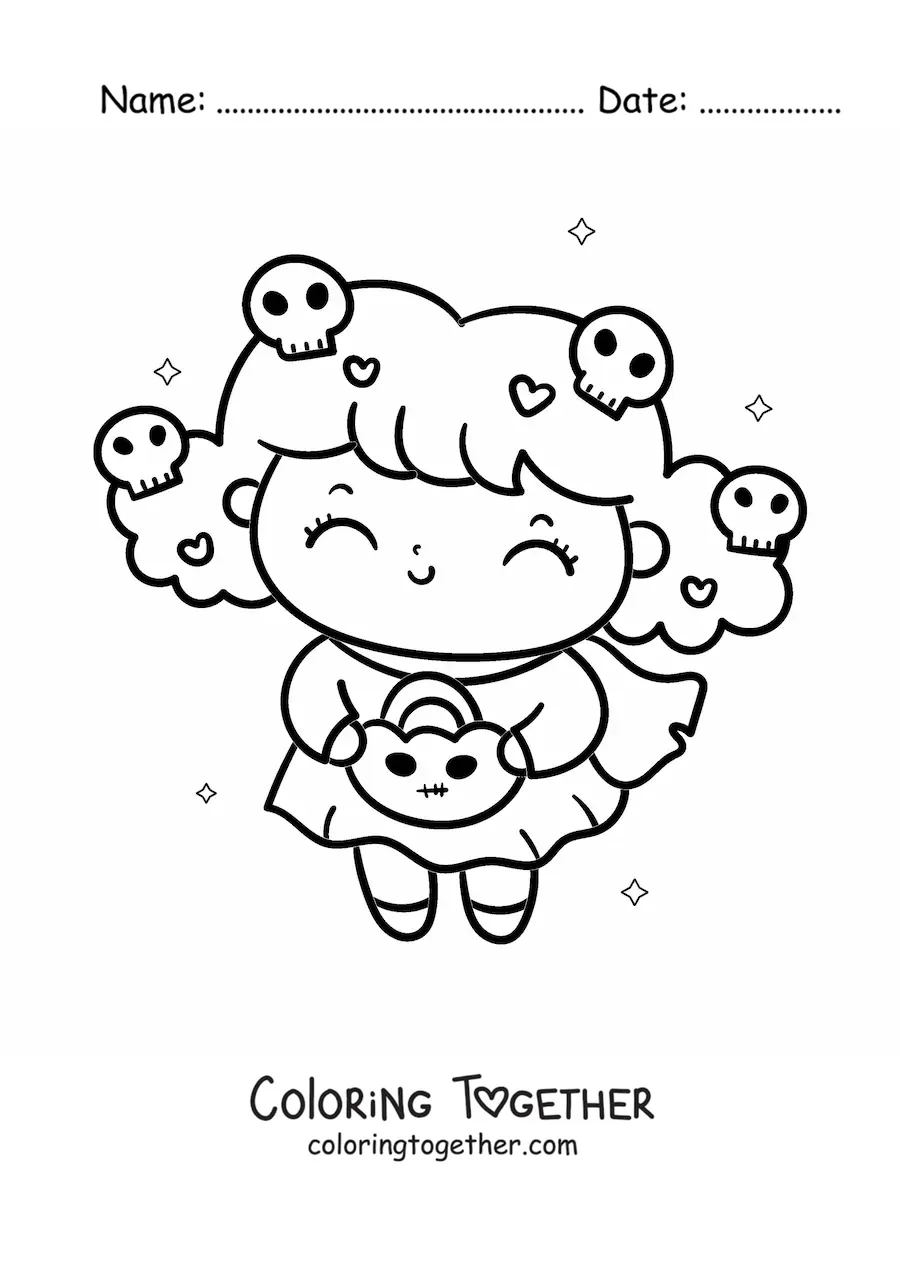 Coloring page of a kawaii girl in costume on Halloween