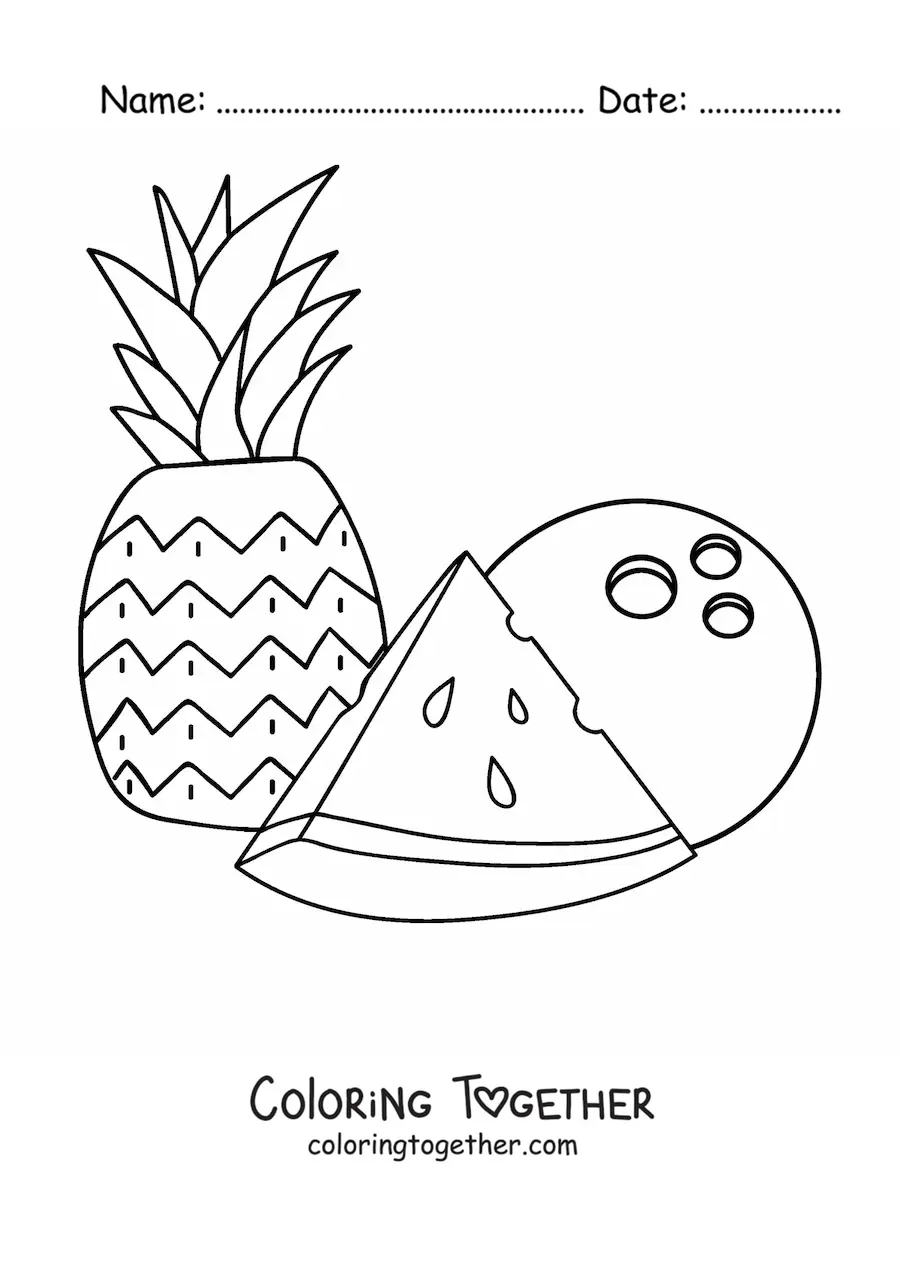Coloring page of a pineapple with a piece of watermelon and a coconut