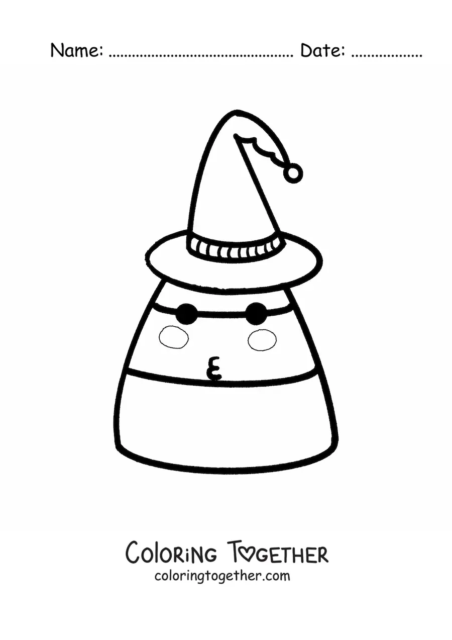 Coloring page of animated Halloween candy with a witch hat