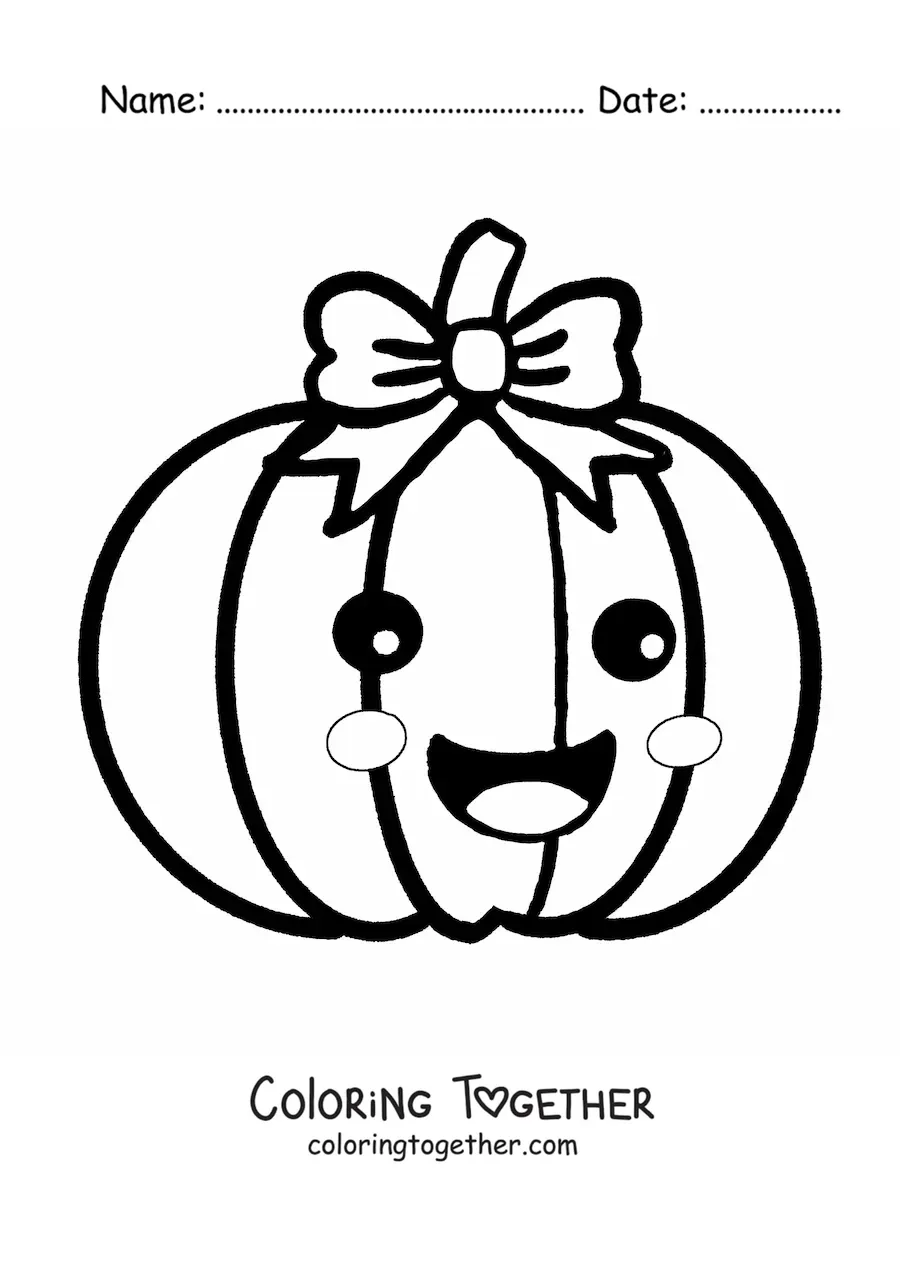 Coloring page of an animated kawaii pumpkin with a bow