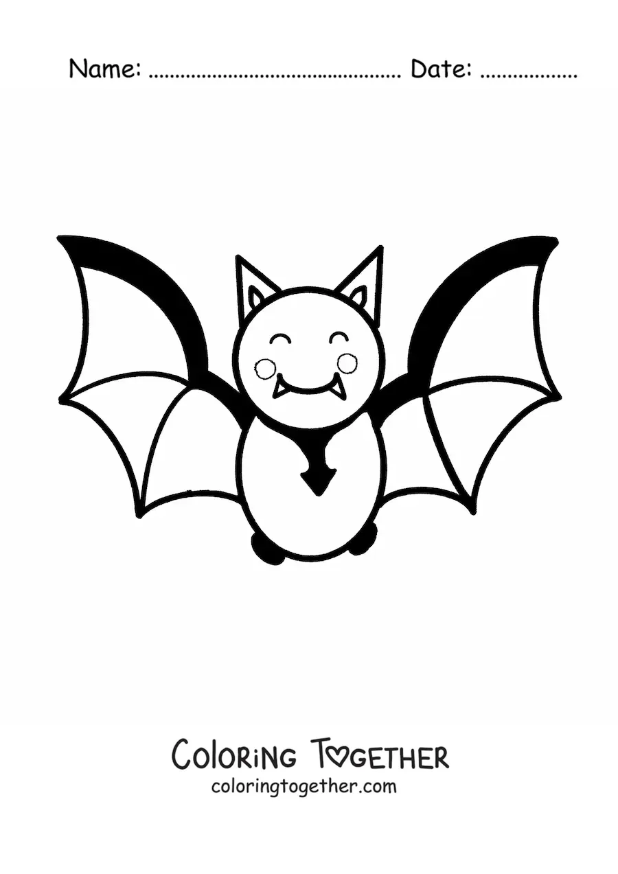 Coloring page of a cute animated bat flying