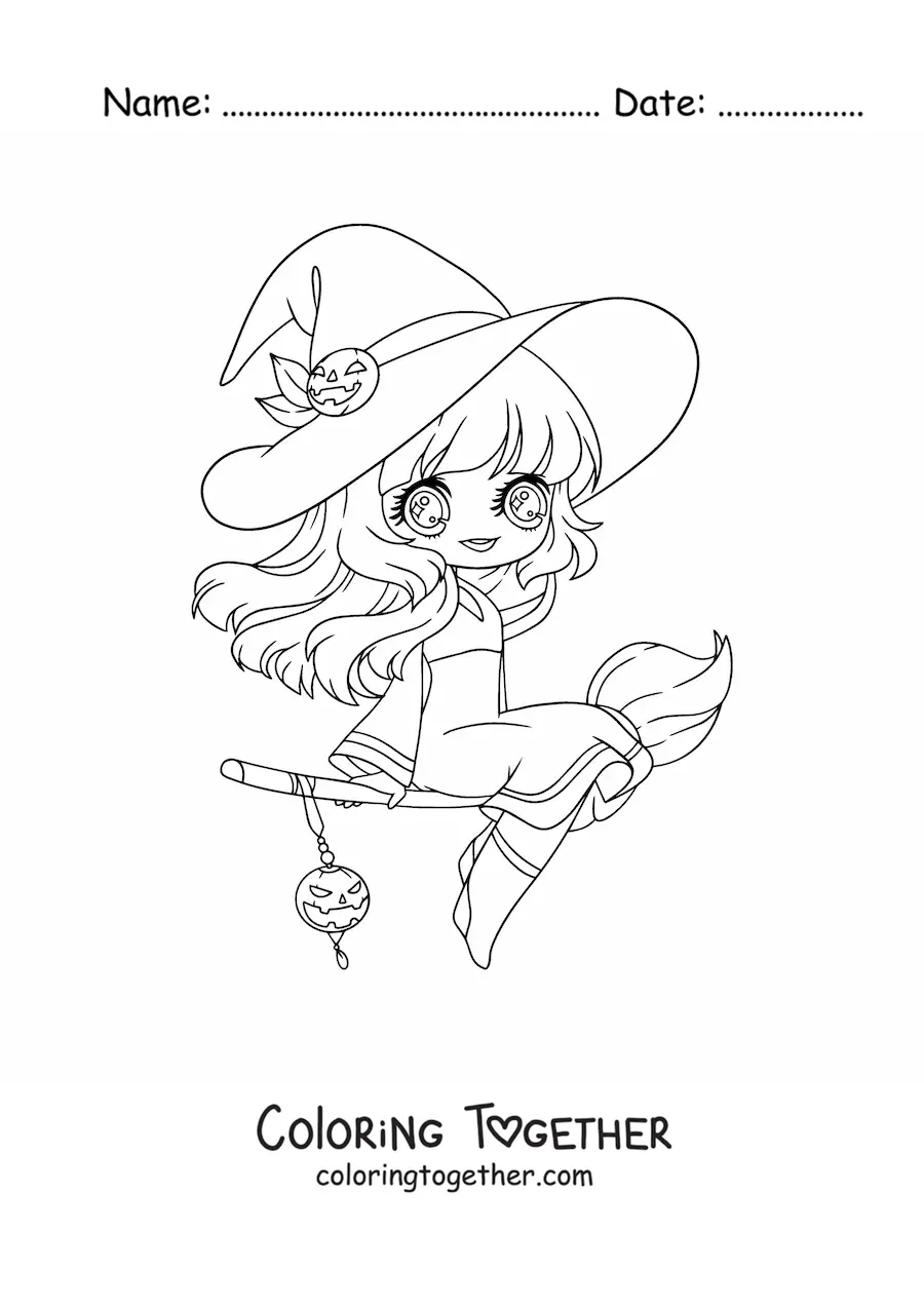 Coloring page of an anime style kawaii witch flying on her broom