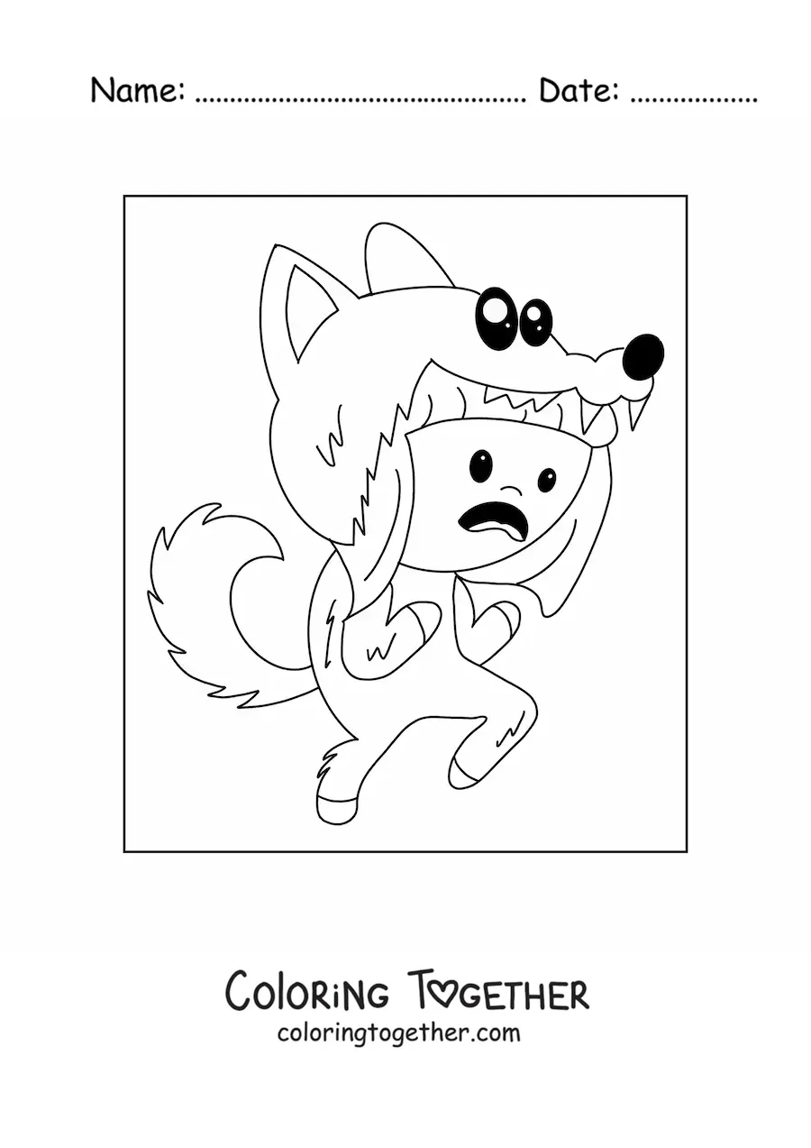 Coloring page of a boy dressed as a kawaii werewolf