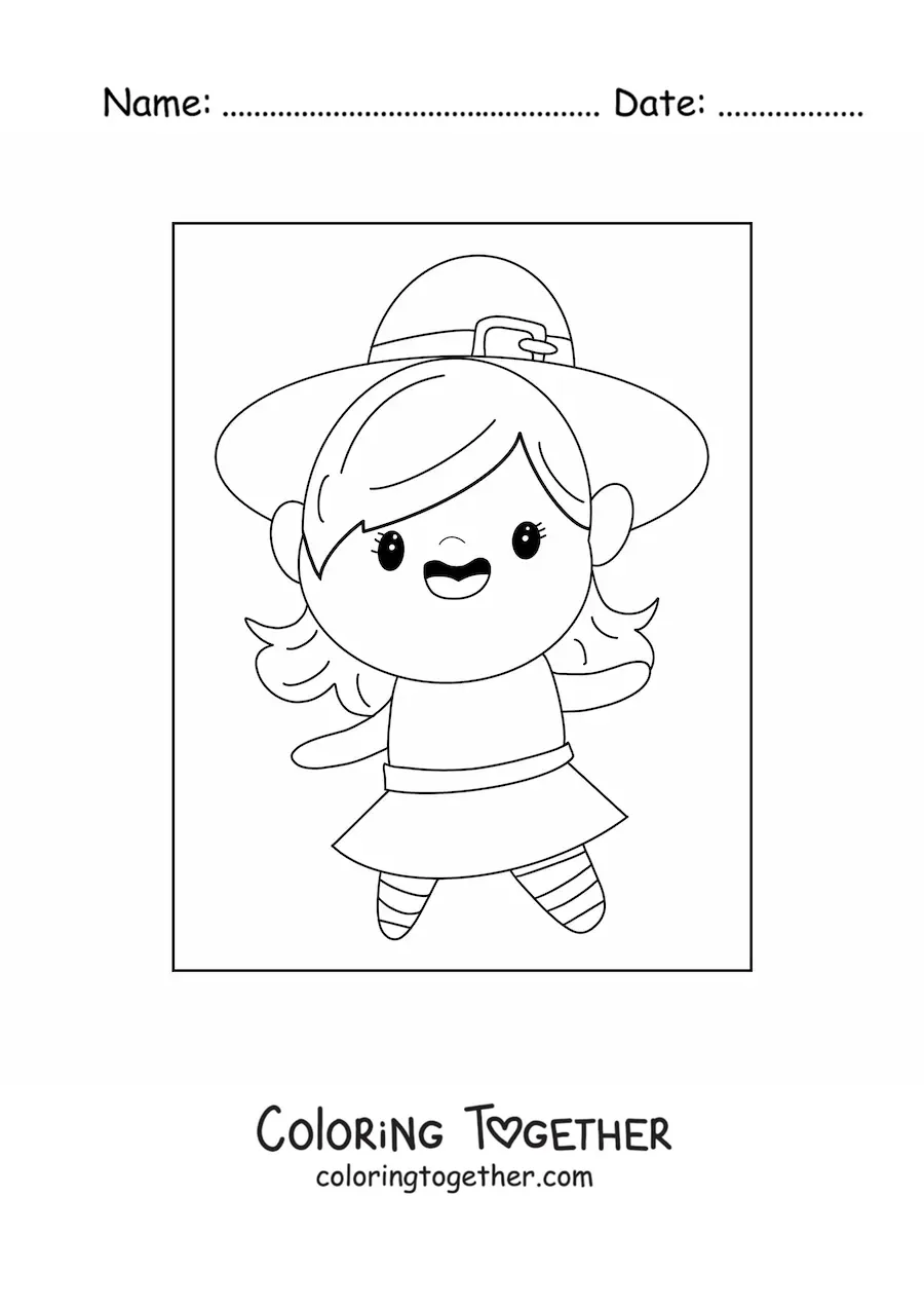 Coloring page of a girl dressed as a cute witch