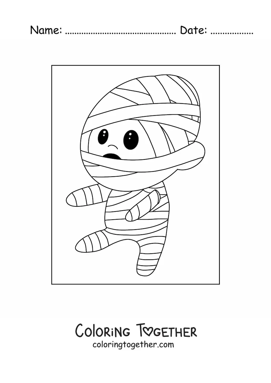 Coloring page of a boy dressed as a kawaii mummy