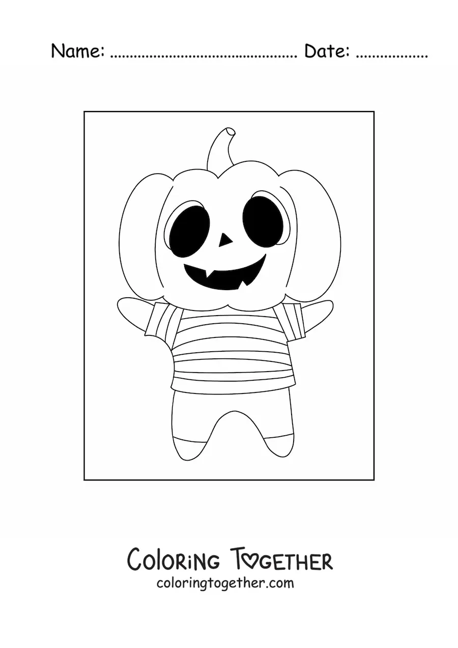 Coloring page of a boy dressed as a kawaii pumpkin