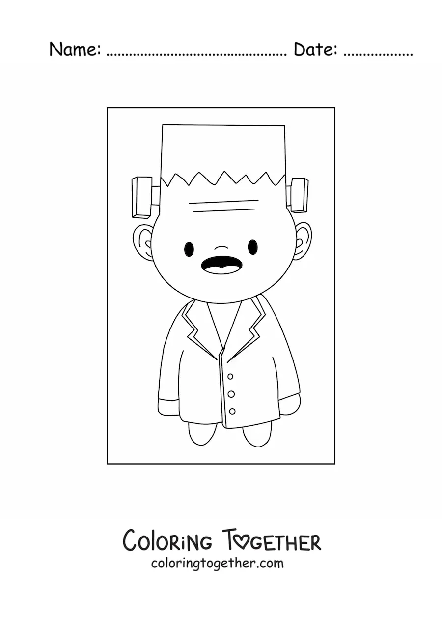 Coloring page of a boy dressed as a kawaii Frankenstein