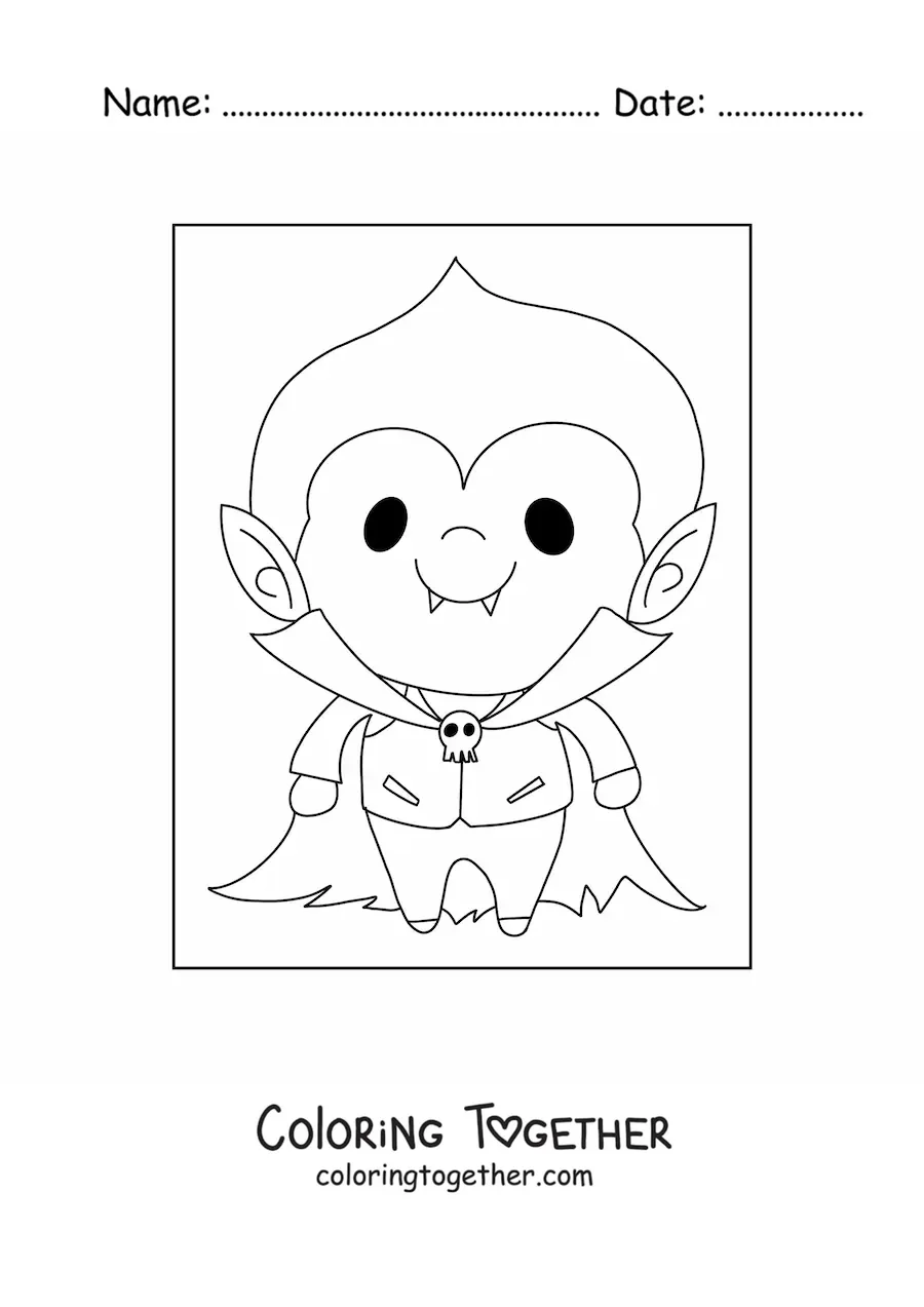 Coloring page of a boy dressed as a kawaii vampire