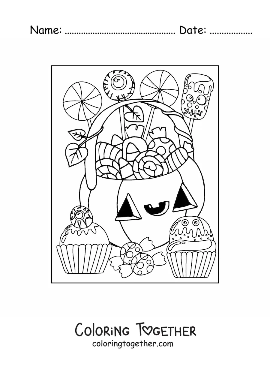 Coloring page of a kawaii Halloween pumpkin with candy
