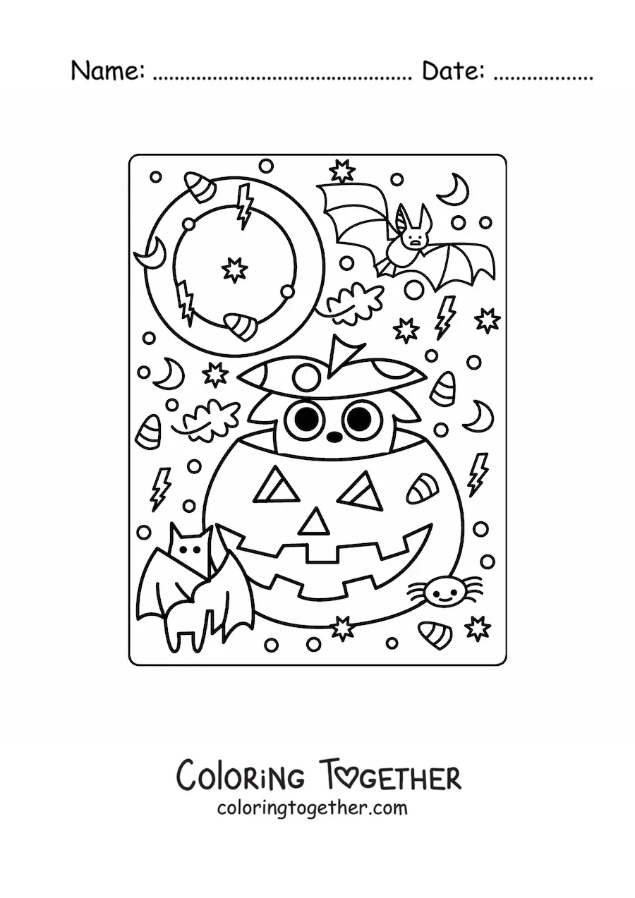 Coloring page of an animated Halloween pumpkin with a kawaii cat